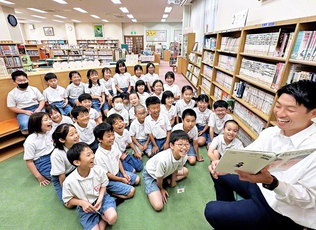 関西創価小学校での「本の読み聞かせ」。魅力いっぱいの物語の世界に引き込まれて、児童たちは喜びの笑顔を満面に！
