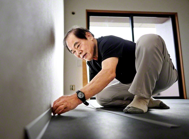 一回一回が真剣勝負。壁をじっと見据え、割り付けを考え、丁寧にクロスを張っていく佐藤さん