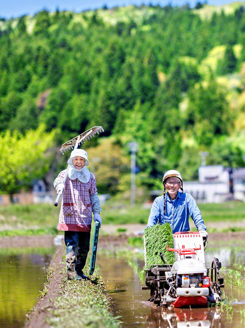 田植え機を押す夫・茂治さん㊨と川端さん。2人の呼吸はぴったり
