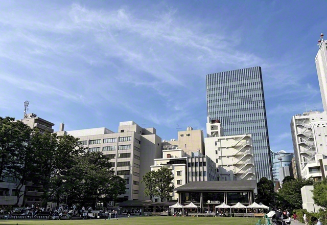 鮮やかな緑の芝生がシンボルとなっている区立南池袋公園（東京都豊島区）。豊島の同志は今日も勢いよく前進！