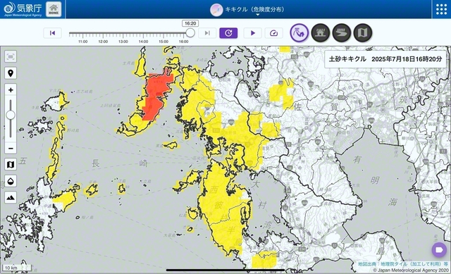 キキクルの画面。長崎県の土砂キキクル
