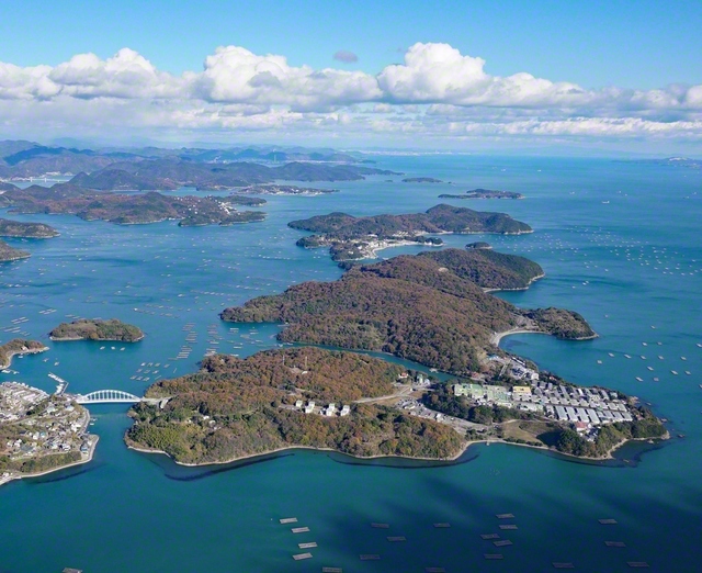長島の全景。手前に邑久光明園、その奥に長島愛生園がある。写真左下の邑久長島大橋は1988年（昭和63年）に完成した。長島と本土を結ぶ。「強制隔離を必要としない証し」として、「人間回復の橋」と呼ばれている（長島愛生園提供）