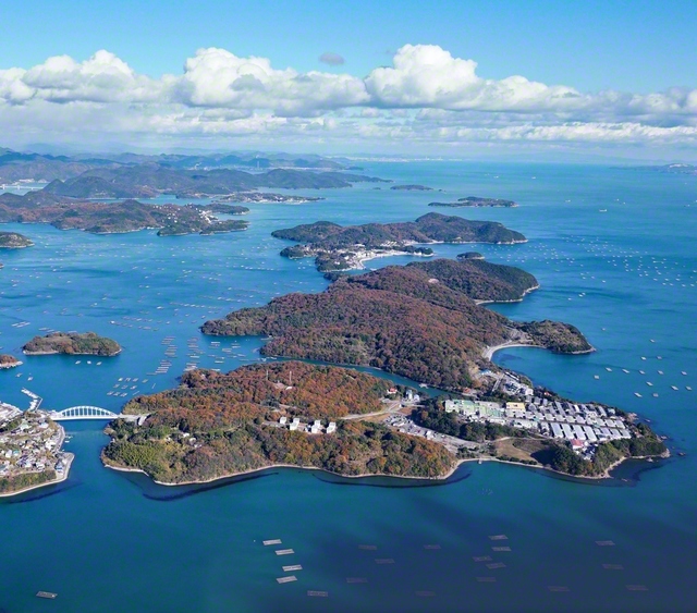 長島の全景。手前に邑久光明園、その奥に長島愛生園がある。写真左下の邑久長島大橋は1988年（昭和63年）に完成した。長島と本土を結ぶ。「強制隔離を必要としない証し」として、「人間回復の橋」と呼ばれている（長島愛生園提供）