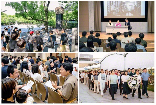 広島青年部のアクションフォーラムから。右上から時計回りに、佐藤廣枝氏の被爆体験の聴講、参加者が原爆死没者慰霊碑に献花、今後の取り組みなどをディスカッション、被爆の実相を学んだフィールドワーク（3日、広島市内で）