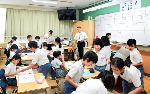 田代光章教諭（中央の男性）と春増利子教諭（その左の女性）が児童を見守り、関わる