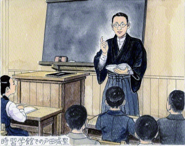 時習学館で教える戸田先生（小説『新・人間革命』第24巻「人間教育」の章の挿絵から。内田健一郎画）