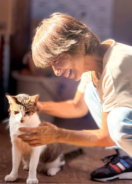 解体した自宅そばの納屋で、保護猫を世話する前さん