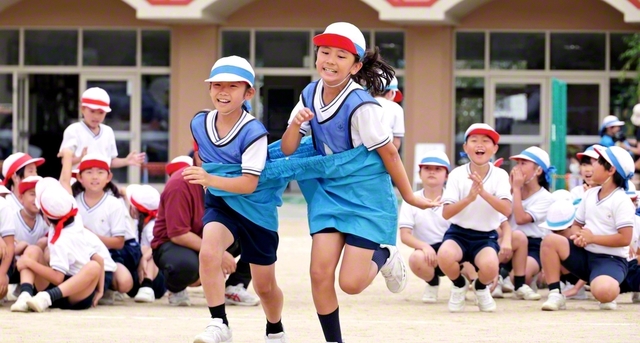 3年生による“デカパン競走”。呼吸を合わせて力走した（12日、大阪・枚方市で）