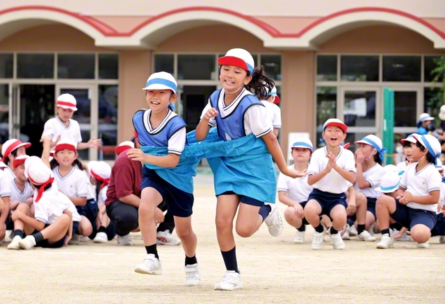 3年生による“デカパン競走”。呼吸を合わせて力走した（12日、大阪・枚方市で）