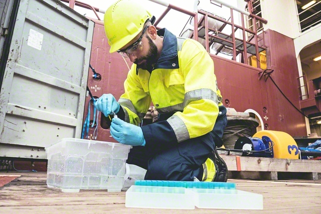 太平洋ごみベルトで回収したマイクロプラスチックを調べるエッガーさん