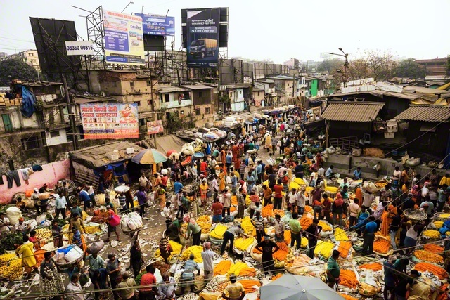 マリーゴールドなどの花の香りが立ち込める国内最大のフラワーマーケット。早朝から花を求める人々でにぎわい、周囲は活気に満ちている(コルカタ)