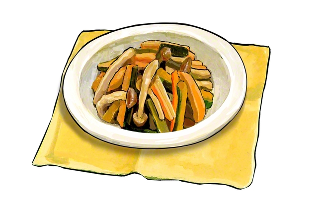 カボチャの皮とキノコの炒め煮