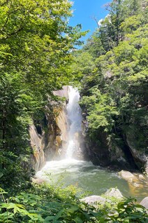 山梨県を代表する景勝地の一つ、昇仙峡の最奥部に位置する仙娥滝（甲府市）。生い茂る草木を縫うように、約30メートルの高さから落下する滝水は圧巻