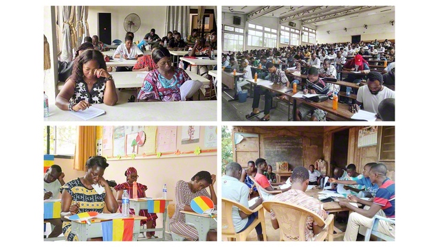 求道の心に満ちたアフリカの教学実力試験（左上から時計回りにガーナ、コンゴ民主、トーゴ、ウガンダ）