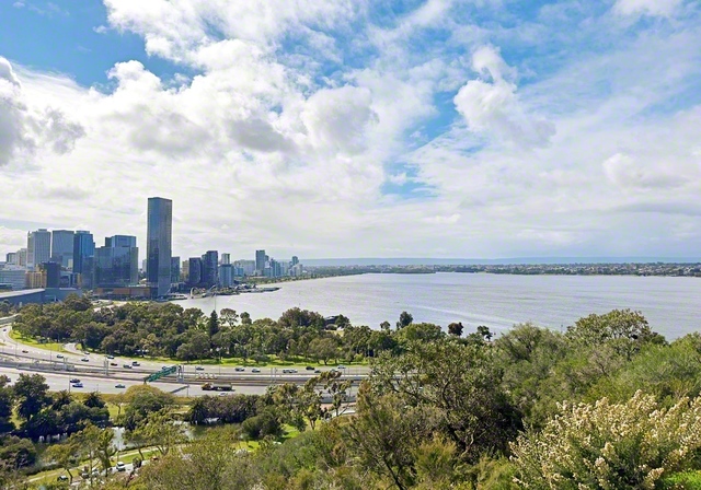高台にある緑豊かな公園「キングスパーク」から市内を一望。雄大なスワン川のほとりにはビルが立ち並び、都市と自然が調和する