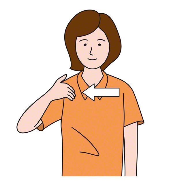 ①左胸にあてた右手を右胸へスライド