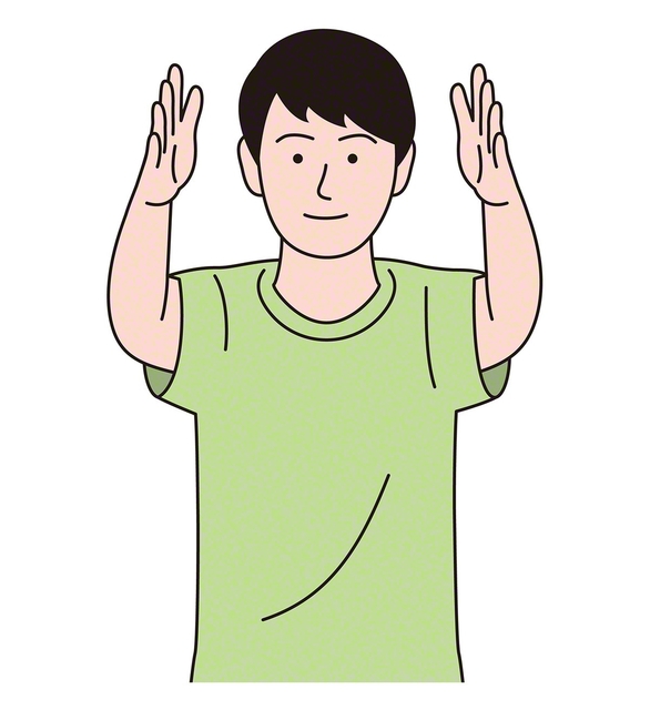 ②その手を今度は勢いよく前へ突き出す