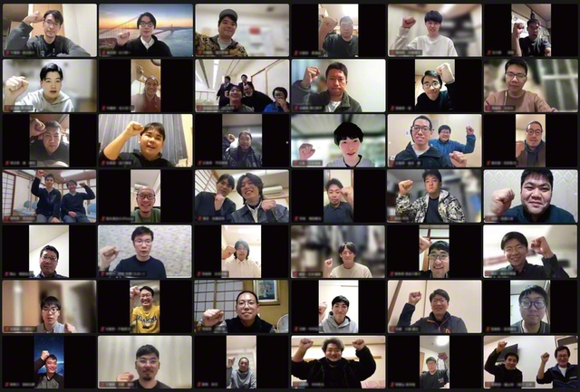 牙城会の新時代生たちが広布後継の誓いに燃えて。十河広志さんと村上剛志さんが司会を務めた