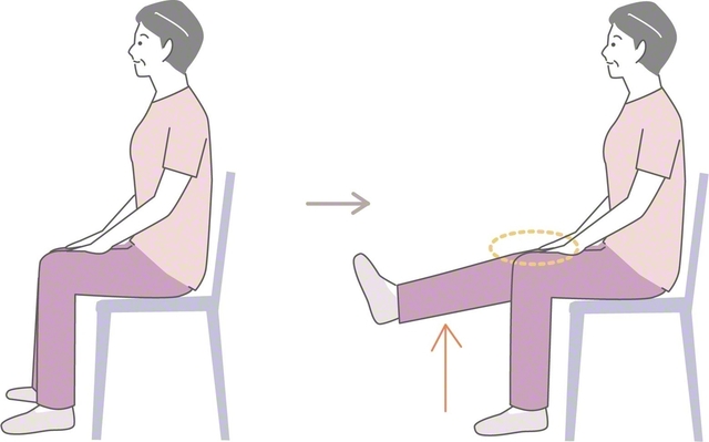 膝を上げ、伸ばしたら5秒保つ。脚が太ももから真っすぐとなり、爪先を体の方に引けば、さらに効果的。左右20回ずつを目安に（イラストAC）
