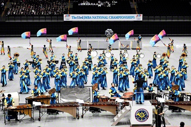 日本一の栄冠をつかんだ音楽隊・創価ルネサンスバンガード。観衆からは「切れ味の鋭い音色がとても印象的でした。さすが“ルネバン”ですね」との称賛の声が寄せられた（さいたまスーパーアリーナで）