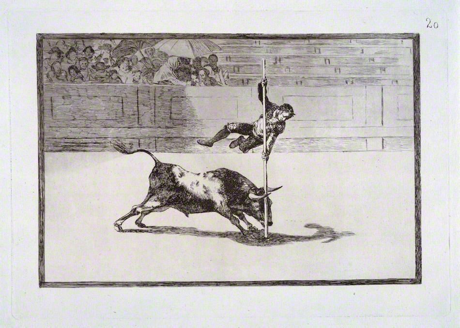 「20番　マドリード闘牛場でフアニート・アビニャーニが見せた敏捷さと大胆さ」エッチング、アクアチント（『闘牛技』1816年初版から）