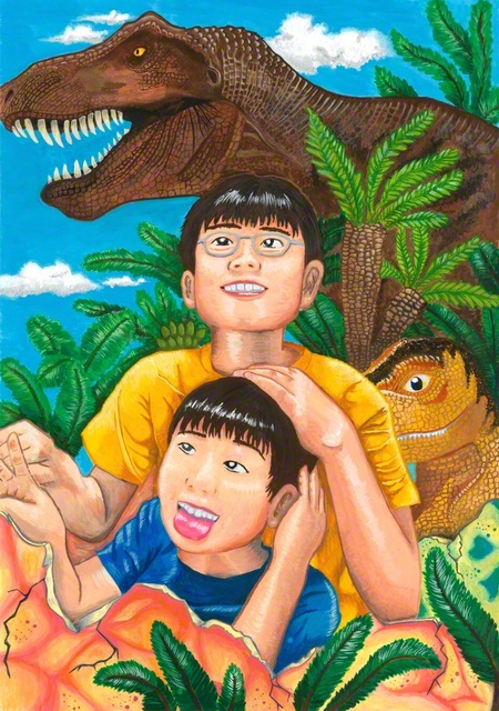 「恐竜兄弟誕生！ガオー！！」兵庫・加古川市6年　平岡　巧海さん「弟は跳んだり走ったり元気いっぱいで恐竜みたいです。そんな弟と一緒に卵から誕生してみました。恐竜王国の大冒険へレッツゴー！！」