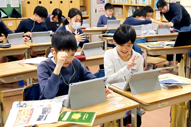 「オンライン留学」を体験する関西創価小学校6年生の児童（同校で）