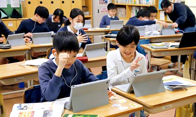 「オンライン留学」を体験する関西創価小学校6年生の児童（同校で）