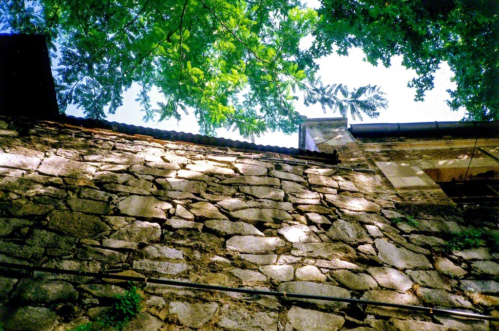 池田先生は1983年6月、スペインの首都マドリードを訪れ、ゴヤが眠る廟（びょう）の近くにある石垣を仰ぎ見た（先生撮影）。「それぞれの石が、どれひとつ欠けてもならない、かけがえのない位置を占め、風雪に揺るぎもせずに、そびえ立っていた」と後に記している