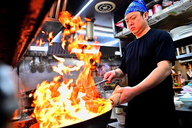 「元気になる料理を作りたい」と、鉄鍋を振るう浜口さん。多い日で300人の胃袋を満たす