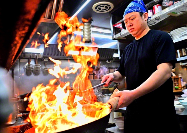 「元気になる料理を作りたい」と、鉄鍋を振るう浜口さん。多い日で300人の胃袋を満たす