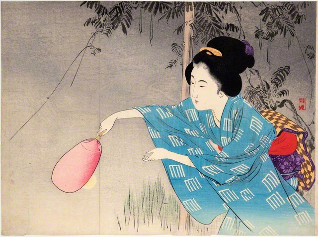 武内桂舟　「美人撲蛍（『文芸倶楽部』第3巻第10編　口絵）」　明治30年（1897年）　東京富士美術館所蔵〈神邊コレクション〉