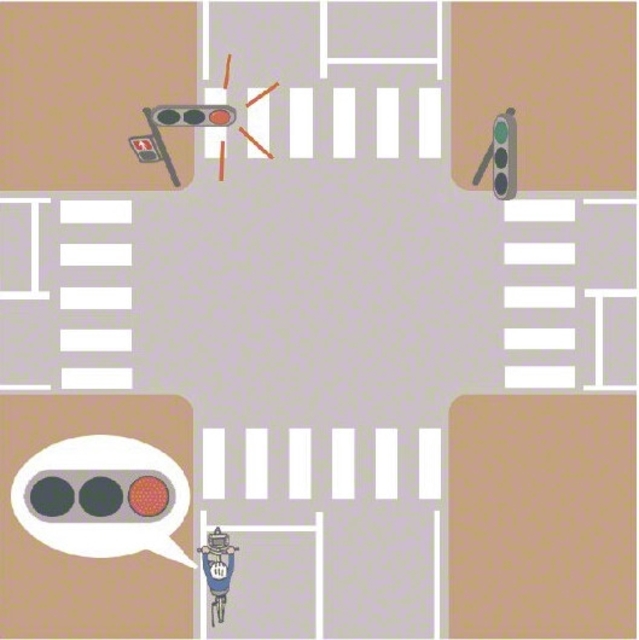 【ケース1　車道を走行中】「車両用信号」（青・黄・赤の3灯式）に従い、停止線で止まる
　※黄色信号は「止まれ（安全に止まれない場合を除く）」。黄色で加速し、停止線を越えて進むのは違反です