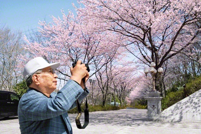 桜花の舞う中、シャッターを切る池田先生（2006年4月、東京・八王子市で）。“同志を励まし、たたえ、勇気づけたい”――その一心でカメラに向かった