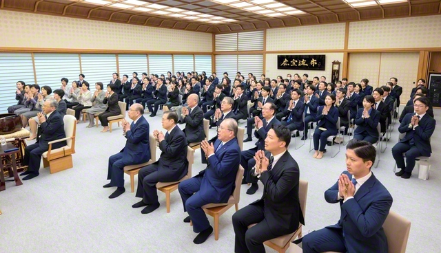 戸田先生の追善勤行法要。原田会長の導師で、青年の代表らが厳粛に勤行・唱題し、師弟共戦の誓願を深くした（東京・新宿区の創価学会恩師記念会館で）