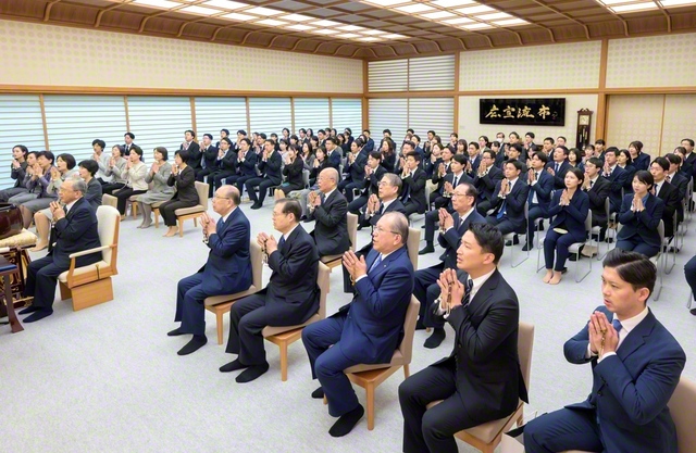 戸田先生の追善勤行法要。原田会長の導師で、青年の代表らが厳粛に勤行・唱題し、師弟共戦の誓願を深くした（東京・新宿区の創価学会恩師記念会館で）