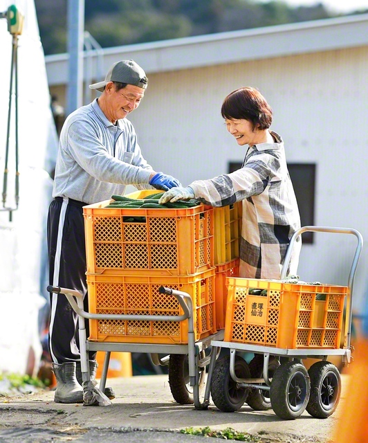 「あーだーこーだ言いながらも、仲良くやっとります（笑）」。妻・由美子さん㊨と選果に励む
