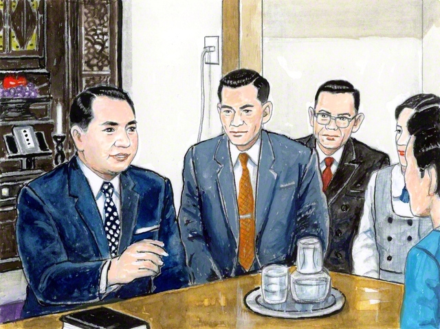 座談会に参加し、同志からの質問に答える山本伸一（内田健一郎画）