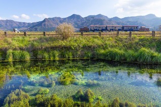 南阿蘇鉄道は立野駅と高森駅（高森町）を結ぶ全長17.7キロメートルの線路。沿線に点在する水源地やレトロで個性的な駅舎が乗客を出迎える