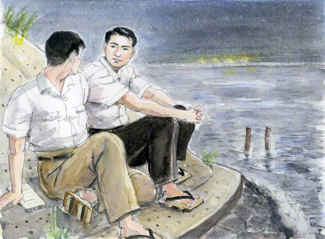 森ケ崎海岸で友と語り合う若き日の山本伸一（小説『新・人間革命』の挿絵から。内田健一郎画）