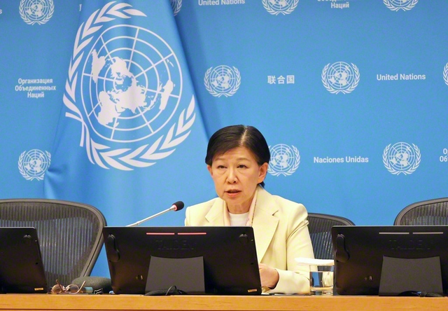 会議の開幕を前に記者会見した国連の中満軍縮担当上級代表（4月24日、国連本部で）