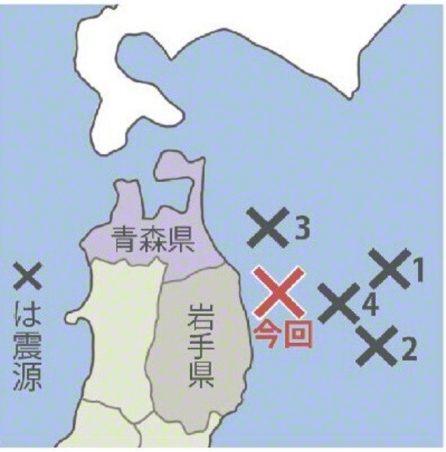 ×1が1994年12月28日の三陸はるか沖地震。×2が2025年11月9日の三陸沖の地震。×3が25年12月8日の青森県東方沖地震。×4が26年4月20日の三陸沖の地震。×今回が26年6月25日の岩手県沖の地震