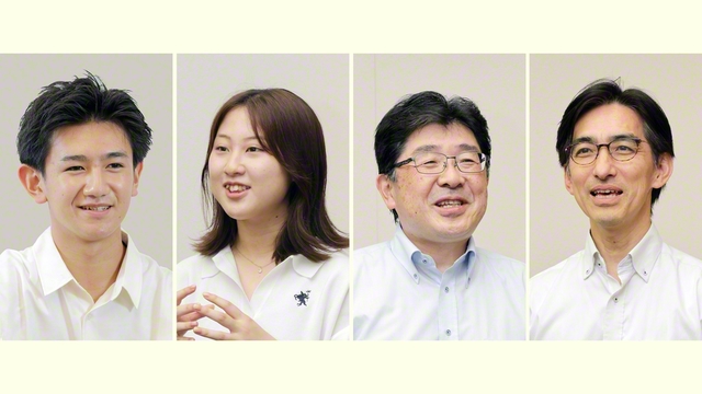 右から創価高校の藤原校長、創価中学校の高柳校長、卒業生の鈴木さん、小松澤さん