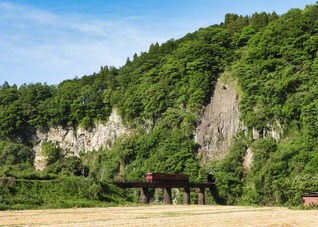 高さ約50メートルの絶壁の下から電車が飛び出す「岩戸の景観」（大分県豊後大野市）。その光景を写真に収めようと多くの鉄道ファンが訪れる＝大分・田中亨一通信員