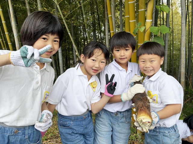関西創価小学校の敷地内に広がる竹林で、児童がタケノコ掘りを楽しく（4月）