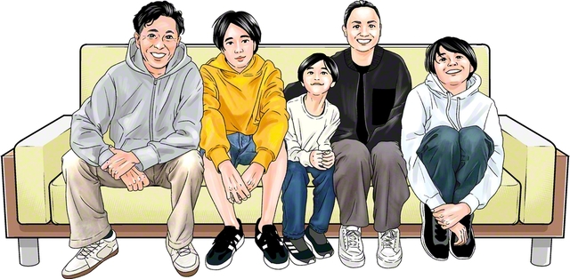 父・亮さん　弟・海咲さん　弟・海月さん　母・泰美さん　弟・辰海さん（イラスト・西山田）