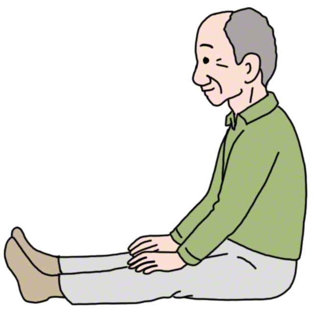 両手を体に徐々に近づけながら、上体を完全に起こし、曲げていた脚も真っすぐに伸ばす（長座位の姿勢）。