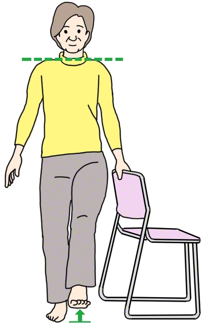 肩を水平にして、膝を曲げずに足底を引き上げて5秒保つ