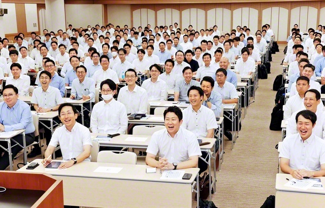 全国男子部代表者大会が意気高く。草野熊本総県男子部長、照屋沖縄伸誓会副委員長があいさつした（金舞会館で）
