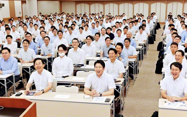 全国男子部代表者大会が意気高く。草野熊本総県男子部長、照屋沖縄伸誓会副委員長があいさつした（金舞会館で）